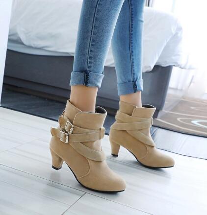 Suede Thick High Heel Ankle Boots with Belt Buckle