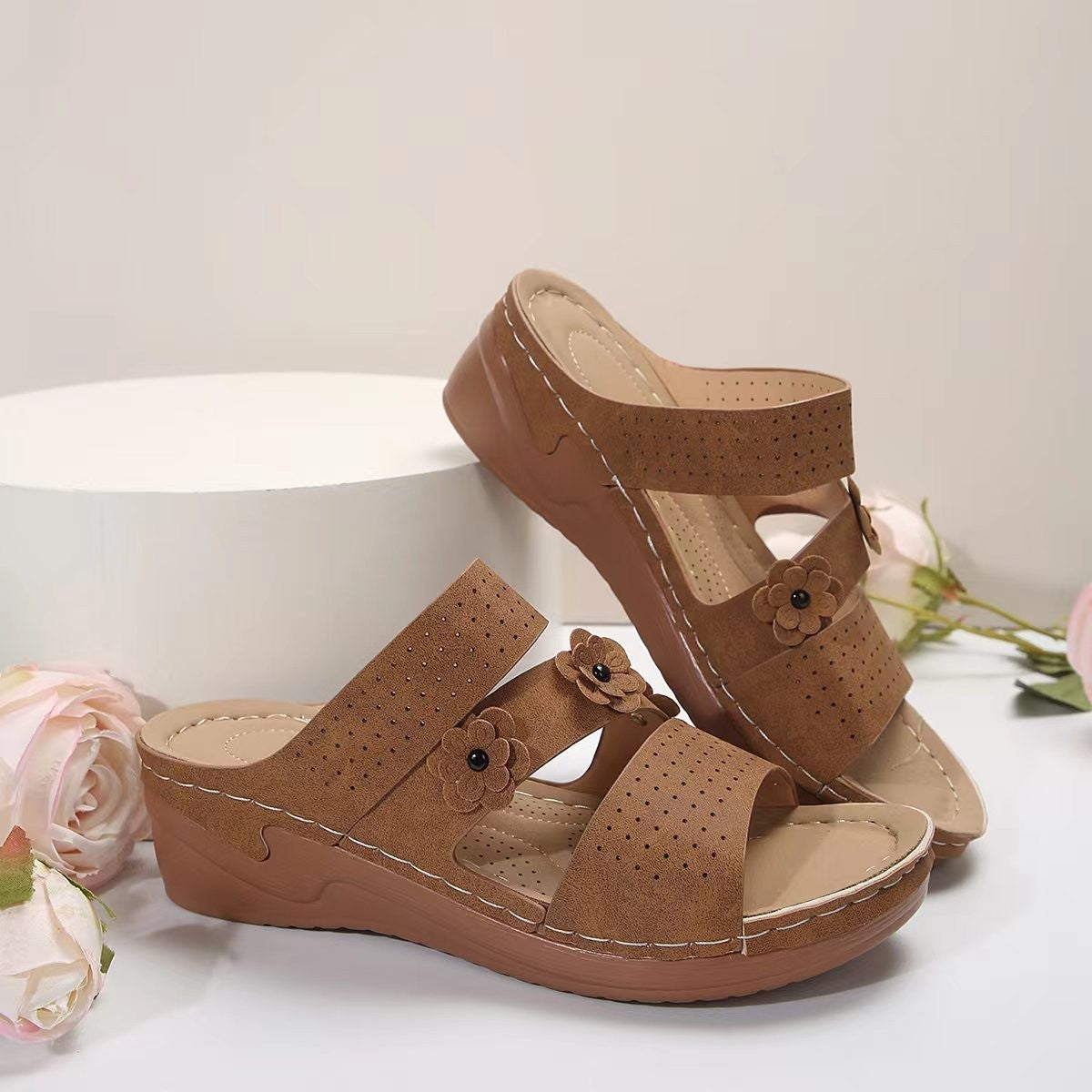 Wedge Sandals with Decorative Flowers