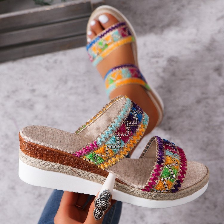 Woven Wide Linen Strap Ethnic Sandals with Wedge Heel