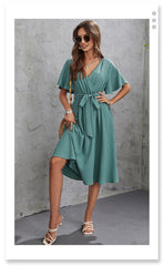 Robe mi-longue bleu paon à col en V, avec lien à la taille et manches courtes, tailles S à XXL