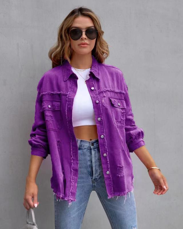 Ripped Button Shirt Jacket with Raw Hem