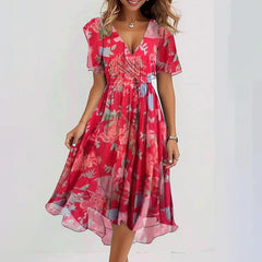 Chiffon-Midikleid mit V-Ausschnitt und kurzen Ärmeln