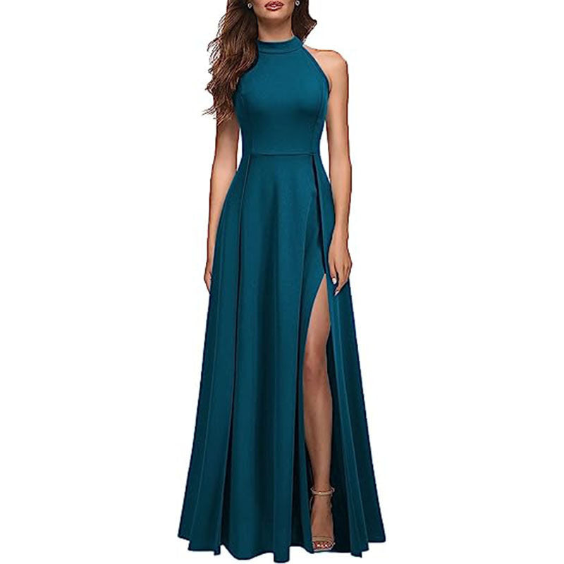 Solid Colour Halter Neck Evening Gown with Leg Slit