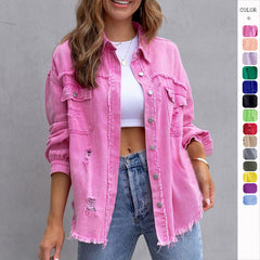 Ripped Button Shirt Jacket with Raw Hem