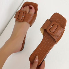 Flat Slip-On Sandals with Square Toe and Buckle in 2 Colors