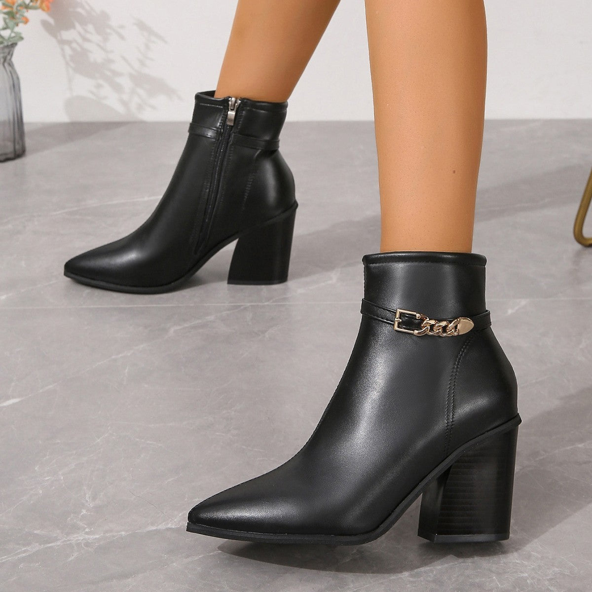 Pointed Toe Chunky Heel Ankle Boots