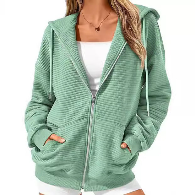Gerippter Kapuzenpullover mit langen Ärmeln, Reißverschluss und Taschen