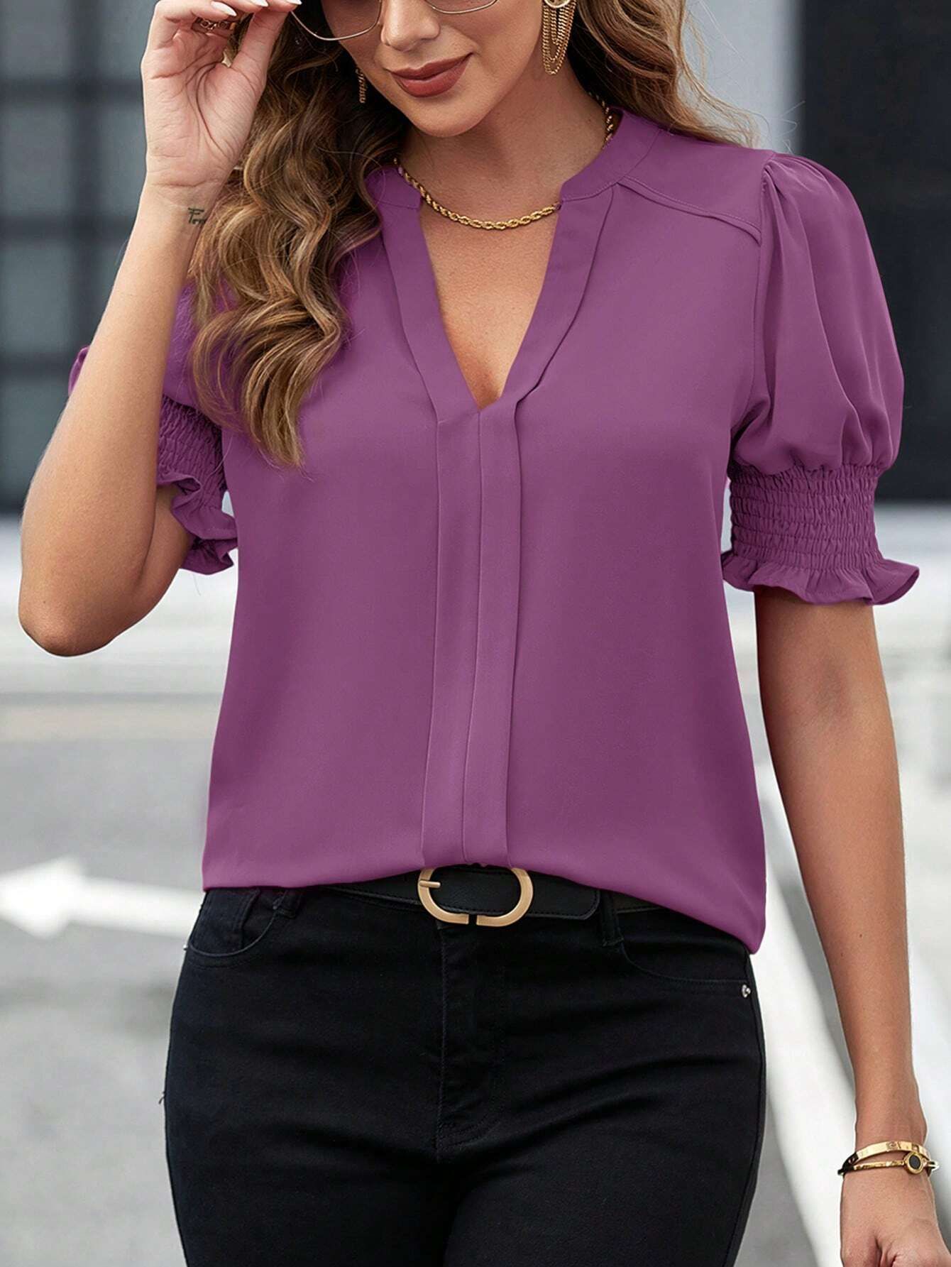 Solid Colour V-Neck Blouse with Short Puffed Sleeves