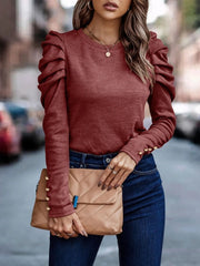 Round Neck Puffed Long Sleeve Top in 5 Colors S-XXL