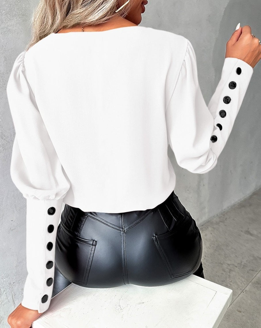 V-Neck Long Sleeve Blouse With Decorative Buttons