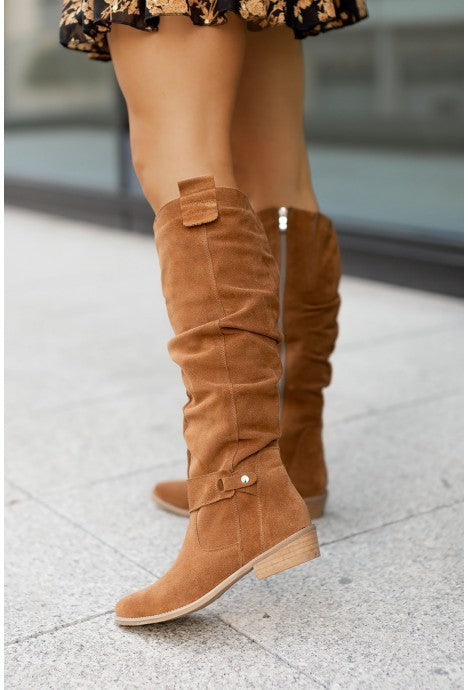 Suede Low Heel Knee High Boots