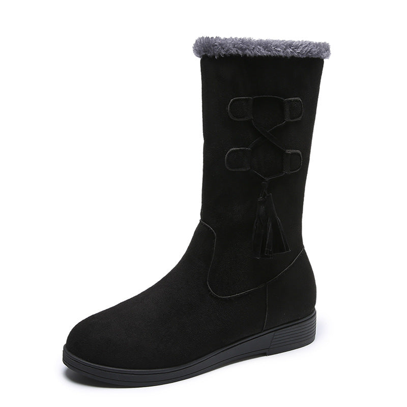 Flat Heel Mid-Calf Suede Plush  Boots with Tassels in 3 Colors