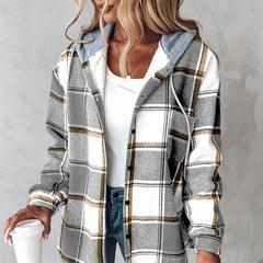 Karierte Langarm-Shacket mit Kapuze in 2 Farben S-XL