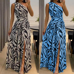 Robe longue imprimée sans manches à une épaule, disponible en 3 couleurs, tailles S à XXL