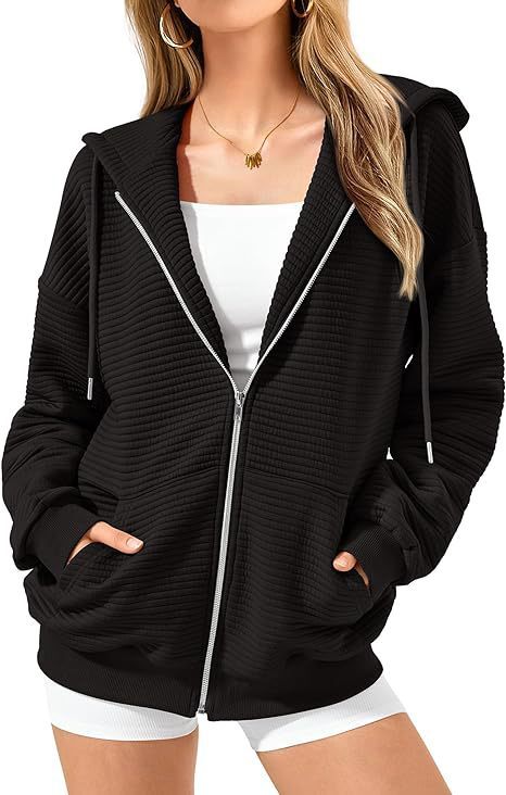 Gerippter Kapuzenpullover mit langen Ärmeln, Reißverschluss und Taschen