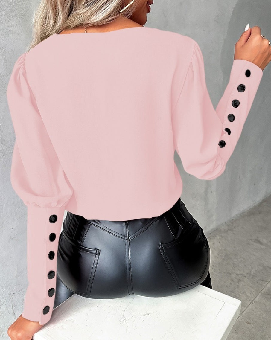 V-Neck Long Sleeve Blouse With Decorative Buttons