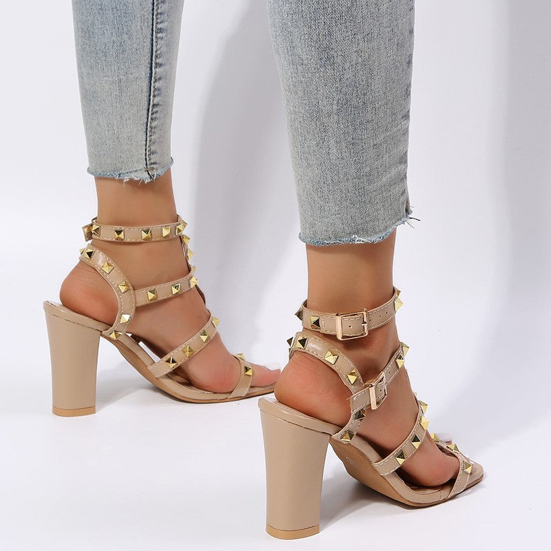 Square Toe Rivet High Heel Sandals in 2 Colors