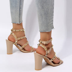 Square Toe Rivet High Heel Sandals in 2 Colors