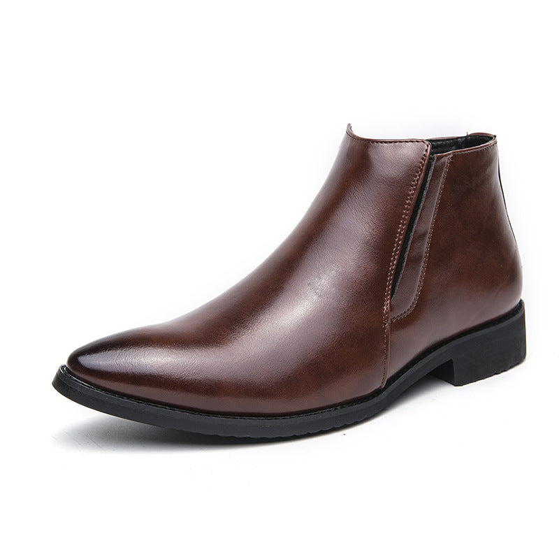 Men's Leather Ankle Boots with Pointed Toe and Side Zipper