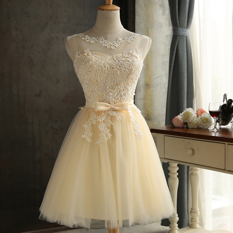 Short Sleeveless Evening Prom Dress with Lace and Waist Tie in 4 Colors S-4XL