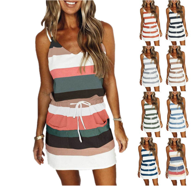 Sleeveless Striped Drawstring Mini Dress