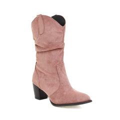 Suede Chunky Heel Mid-Calf Boots in 4 Colors