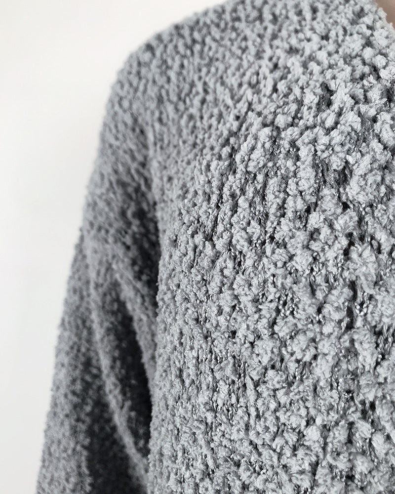 Solid Color Fleece Mid-Length Cardigan