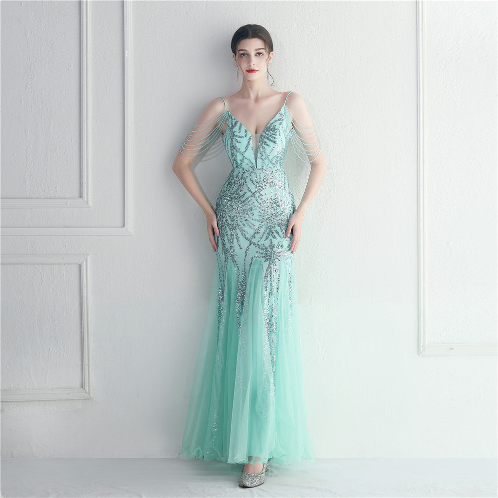 Elegant High Waist Evening Gown with Spaghetti Straps
