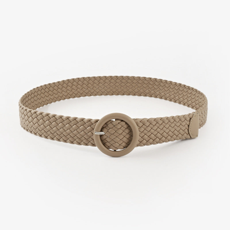 Woven Solid Colour Belt with Round Buckle