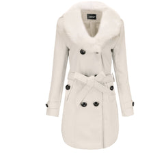Mid Length Wool Coat with Fur Collar and Waist Tie