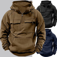 Men's Half Zip Long Sleeve Pullover with Drawstring and Pockets in 3 Colors M-XXXL