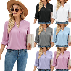 Haut à manches longues en mousseline à col en V, disponible en 5 couleurs, tailles S à 2XL