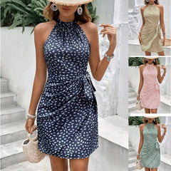 Sleeveless Halter Neck Polka Dot Midi Dress with Side Tie