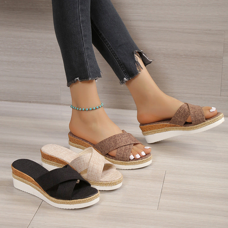 Cross-Strap Sandals with Wedge Heel in 3 Colors