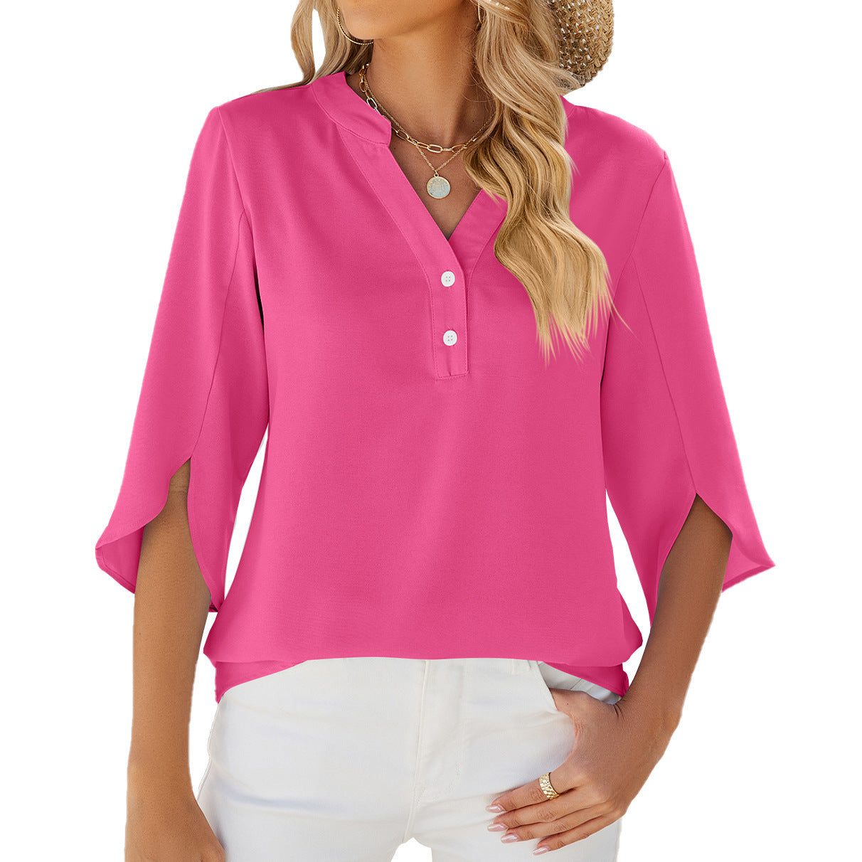 Button V-Neck Chiffon Half Sleeve Blouse