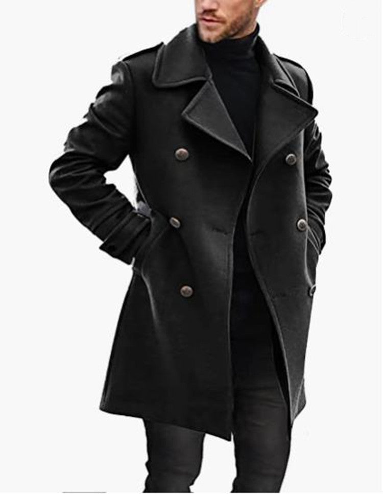 Men's Wool Coat with Lapel and Pockets
