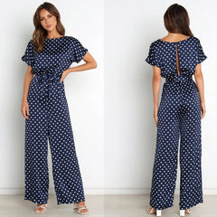 Round Neck Short Sleeve Polka Dot Jumpsuit with Drawstring Waist