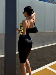 Sleeveless Midi Cocktail Dress with Corset and Spaghetti Straps
