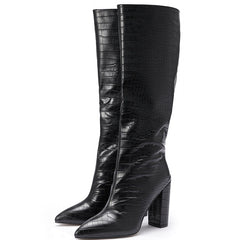 Pointed Toe Block Heel Black Knee High Boots
