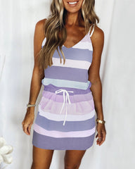 Sleeveless Striped Drawstring Mini Dress