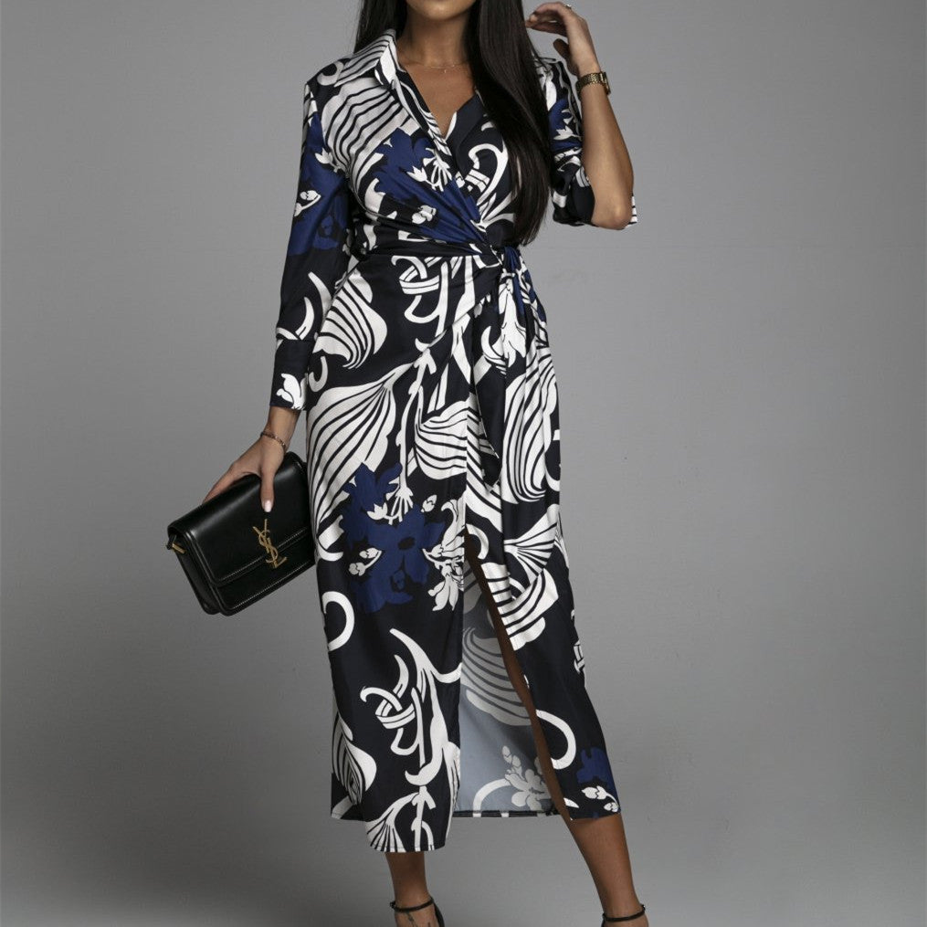 Elegant V-Neck Long Sleeve Wrap Formal Dress with Lapel