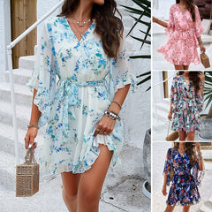 Floral Short Sleeve Ruffled Summer Dress in 4 Colors S-XL
