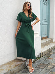 V-Neck Short Sleeve Pleated Chiffon Maxi Dress with Waist Tie