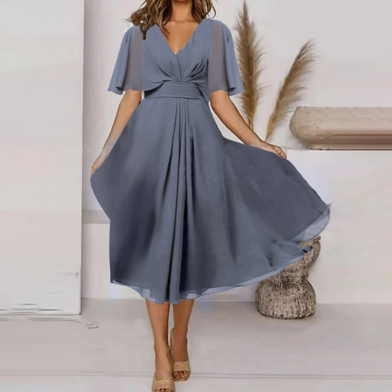 Elegant V-Neck Chiffon Formal Dress with Short Flutter Sleeves