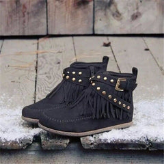 Flat Sole Suede Ankle Boots With Rivets and Tassels