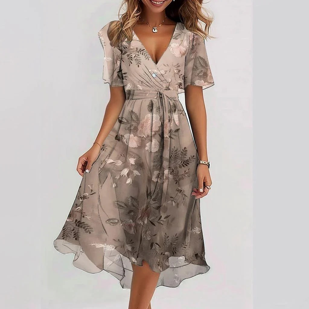 Chiffon-Midikleid mit V-Ausschnitt und kurzen Ärmeln