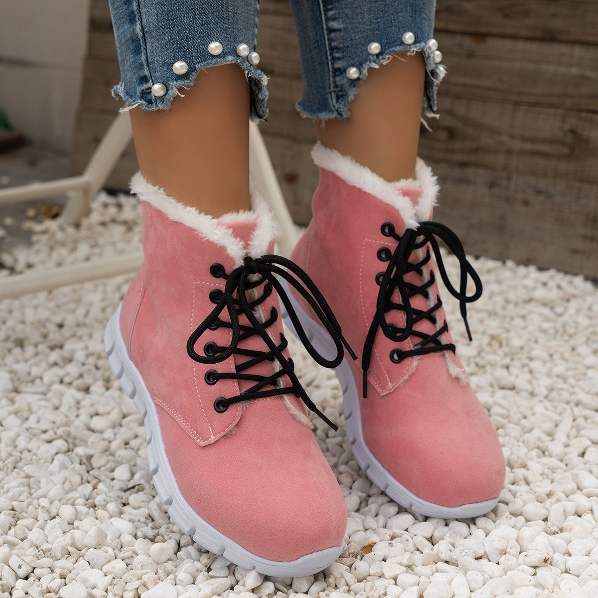 Lace-Up Flat Sole Plush Ankle Boots