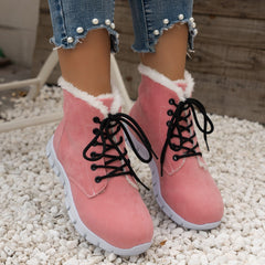 Lace-Up Flat Sole Plush Ankle Boots