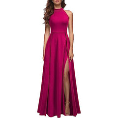 Solid Colour Halter Neck Evening Gown with Leg Slit