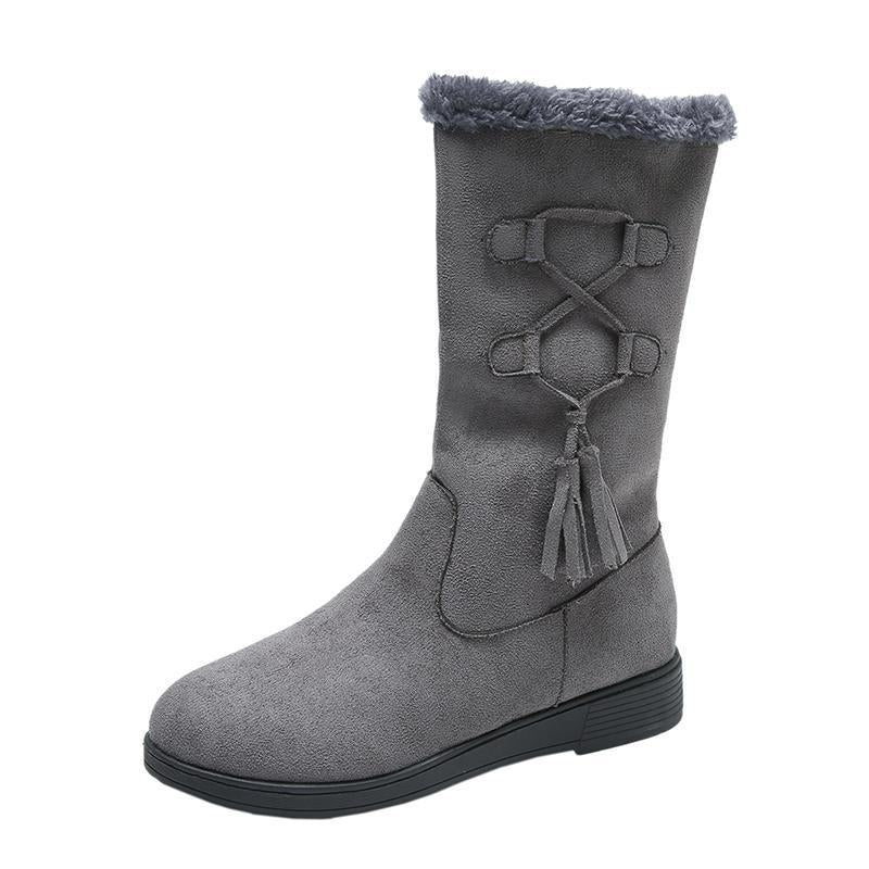 Flat Heel Mid-Calf Suede Plush  Boots with Tassels in 3 Colors